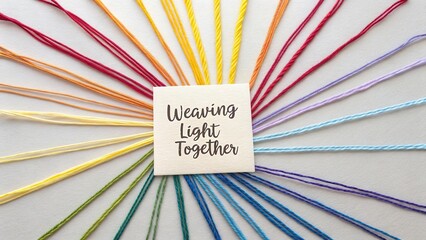 Colorful Threads Arranged in Circular Pattern with Cardboard Piece Featuring Inspiring Phrase Weaving Light Together