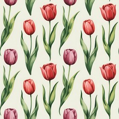 Obraz premium Seamless watercolor pattern of vibrant red and pink tulips with green leaves on a light background