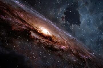 Vibrant galaxy background with swirling cosmic clouds and radiant stars illuminated against a dark, expansive universe
