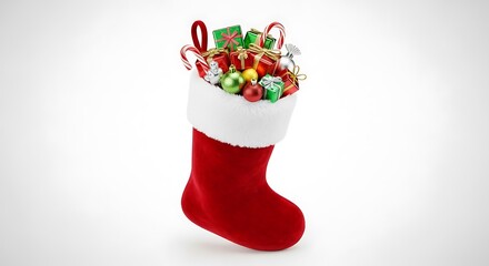 Christmas stocking filled with gifts, candy canes, and ornaments on a white background.