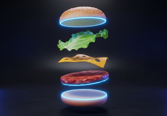 Obraz premium Exploded view of a futuristic hamburger with glowing blue neon accents against a dark background.