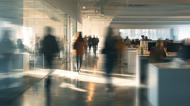 Abstract blur image of Business people walking at modern hallway with bokeh for background usage	