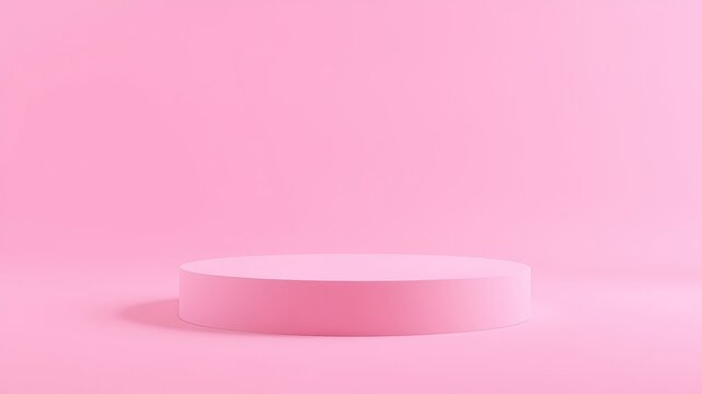 A cylindrical pink pedestal stands centered in a softly lit studio providing a simple elegant platform for showcasing products against a solid pink backdrop.