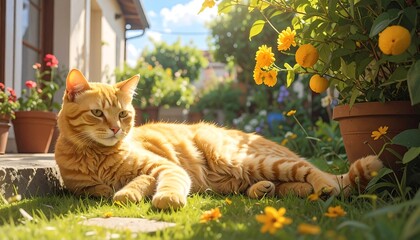 Orange tabby cat relaxing in a sunny garden