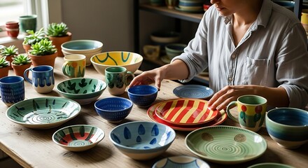 Artisans pottery collection - bowls, plates, and mugs.