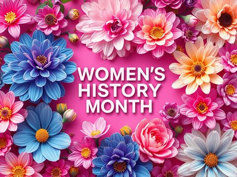 A vibrant floral arrangement with pink and blue blossoms celebrates Women's History Month on a bright pink background in a festive and colorful composition.