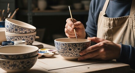 Artist meticulously painting intricate floral designs on ceramic bowls in a workshop.