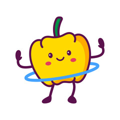 Smiling Yellow Bell Pepper Character with Blue Hula Hoop on Transparent Background Vector Illustration