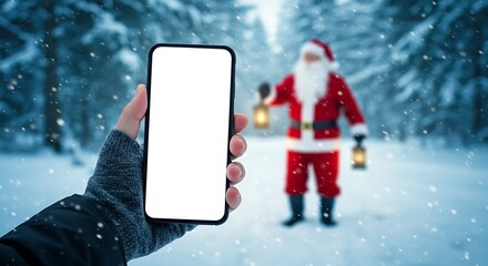 A hand holding a smartphone with a blank screen, in a snowy forest, with Santa Claus holding lanterns in the background.