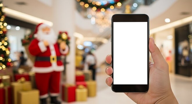 Hand holding a smartphone with a blank screen in a shopping mall decorated for Christmas, with Santa Claus and gifts in the background.