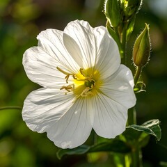 Close-up of a pristine white flower, petals gently curving outwards, revealing a vibrant yellow center.  Soft-focus background of out-of-focus foliage