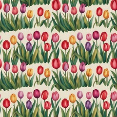 Obraz premium Seamless pattern of colorful tulips in bloom with green leaves on a light background
