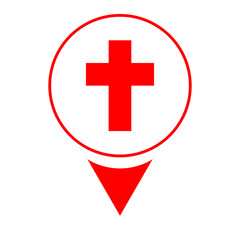 Obraz premium Red Christian cross inside a circle above a triangle, symbolizing faith, location, and spiritual presence. Suitable for religious design, signage, or digital maps.