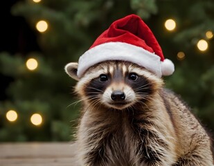 raccoon wearing a santa hat