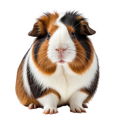 Tricolor guinea pig with curious expression and soft fur