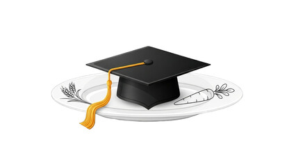graduation cap sits on a plate with a drawing of a carrot and leaves, symbolizing culinary education.