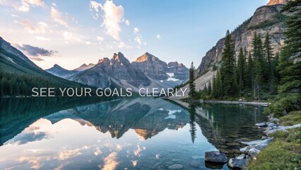 Serene Mountain Landscape with Reflection on Calm Lake Under Bright Blue Sky and Motivational Text Overlay