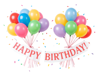 Two bunches of colorful balloons with Happy Birthday banner isolated on a transparent background