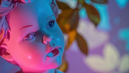 Lifelike doll face is bathed in vibrant pink and blue neon light, highlighting the delicate features and capturing a soft expression, creating a surreal and dreamy ambiance with a blurred background.