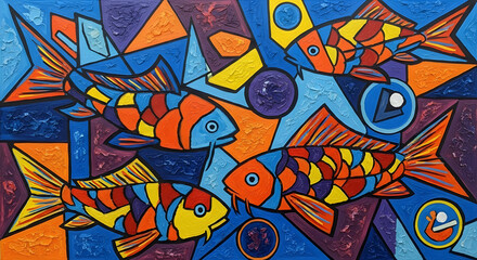 Fototapeta premium Vibrant Koi Fish Swim Through Geometric Patterns in Abstract Aquatic Art