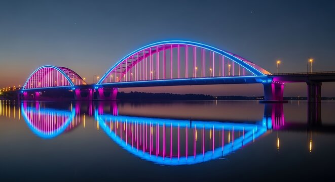 Symmetrical Reflection of a Neon Lit Arch Bridge at Twilight. - Powered by Adobe