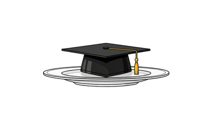 black graduation cap with a golden tassel served on a white plate, symbolizing the achievement of education.