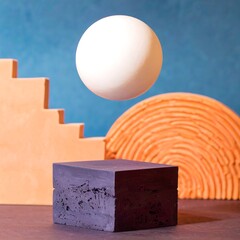 Floating orb, geometric shapes, muted tones