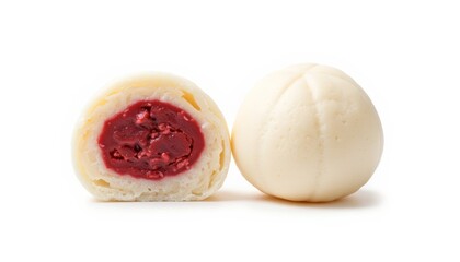White dessert bun with red filling on white background  