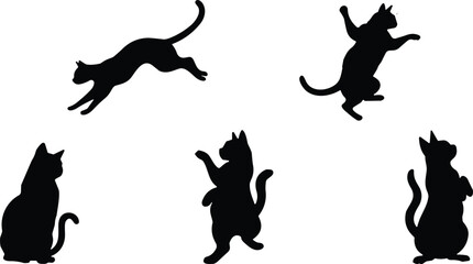 Set of five black cat silhouettes in playful and expressive poses including sitting, jumping, and standing on hind legs