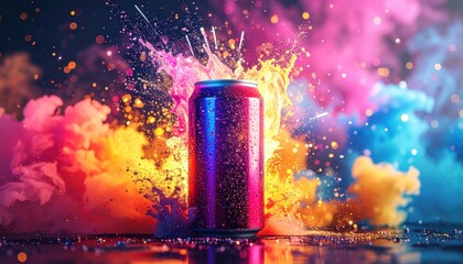 Vividly colored beverage can glistens with droplets as it is surrounded by a vibrant explosion of radiant hues, resembling smoke and abstract liquid splashes, creating a visually dynamic and...