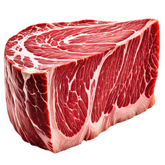 Raw meat chunk, marbled fat, visible muscle fibers