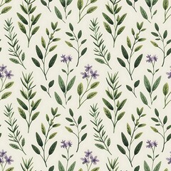 Delicate watercolor botanical pattern featuring dark green leaves and small purple wildflowers on a pale cream background