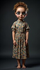 Cartoon girl standing with oversized glasses in a floral dress  