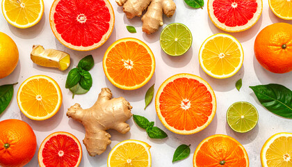 Organic citrus and ginger roots displayed as a flat lay, Symbolic of detox and healthy wellness food