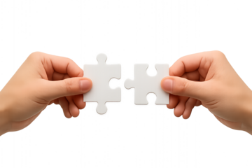 View of two hands connecting two white jigsaw puzzle pieces for a teamwork solution. Transparent background. 
