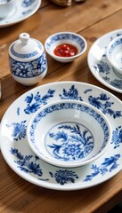 Traditional blue and white ceramic dishes arranged on wooden table  