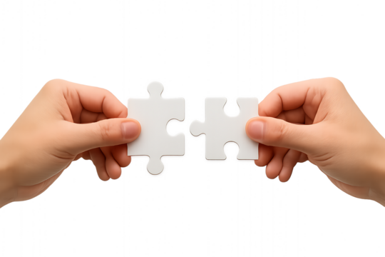 View of two hands connecting two white jigsaw puzzle pieces for a teamwork solution. Transparent background. - Powered by Adobe