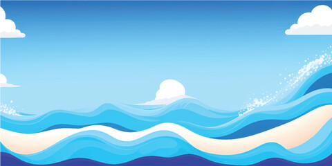 A bright blue vector illustration of the sea, sky, and waves on a summer beach landscape
