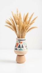 Decorative vase with pampas grass in modern geometric style  