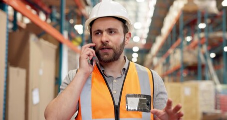 Happy, phone call and logistics employee in warehouse with PPE, conversation and communication. Talking, technology and male supply chain worker on mobile discussion with cellphone in storehouse. - Powered by Adobe