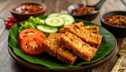 A close-up view shows golden-brown, rectangular slices of Fried Tempeh (Tempe Goreng) served on a banana leaf with fresh cucumber and tomato slices, set on a dark plate.