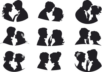 Set of nine romantic couple silhouettes in intimate poses including kissing, holding hands, and face-touching gestures in black