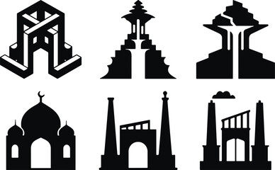 Set of six black architectural silhouettes featuring mosque, pagoda, fortress, industrial, modernist, and abstract landmark-inspired structures