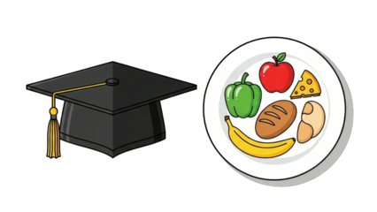 graduation cap next to a plate of healthy food, symbolizing nutrition education and academic achievement.