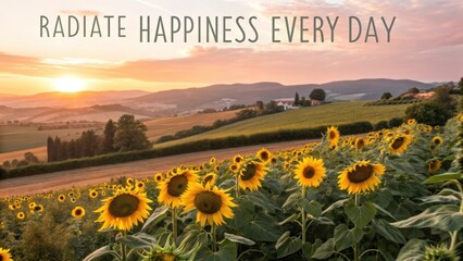 Radiate Happiness Every Day with Vibrant Sunflower Field Under Colorful Sunrise and Rolling Hills