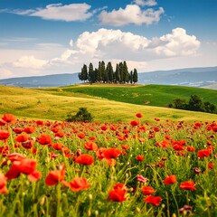 Tuscan countryside, cypress trees, poppy field