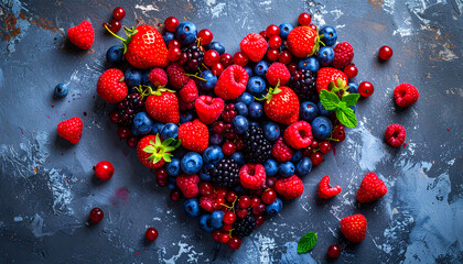 Flat lay showing a heart shape of berries, A health and love concept shot from overhead