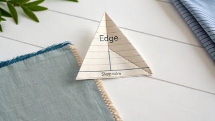 Triangular Paper Sample Featuring Edge Label and Soft Fabric Swatches on a White Wooden Surface for Design Concepts