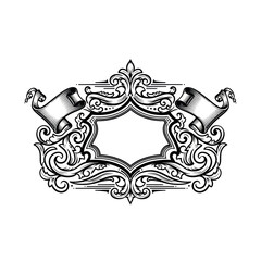 ornate vintage decorative frame with scrolls and banners.