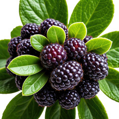Blackberries amidst green leaves against a stark black background